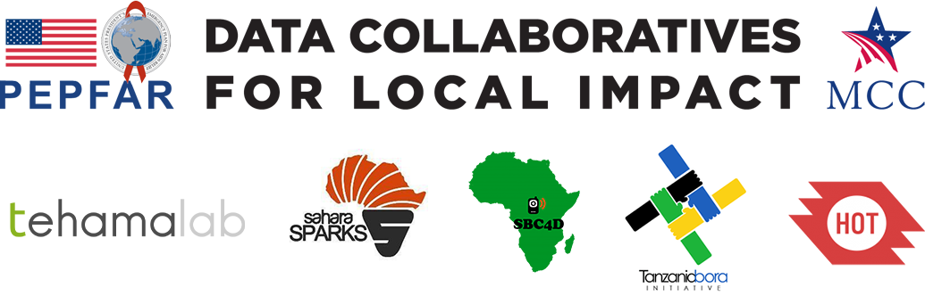 Logos for PEPFAR, Data Collaboratives for Local Impact, MCC, Tehamalab, Sahara Sparks, SBC4D, Tanzania Bora Initiative, and HOT