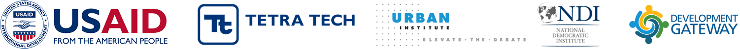 USAID's logo, Tetra Tech's logo, Urban Institute's, NDI, Development Gateway logo