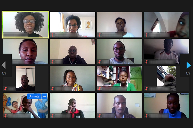 Screenshot of 16 people on a video call.