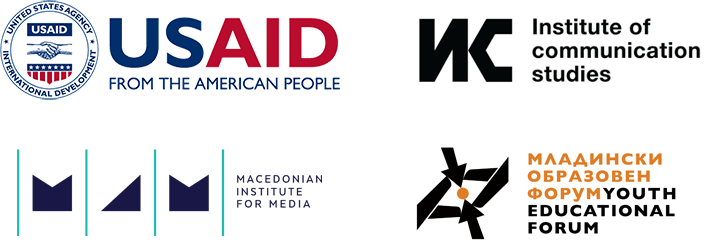 Logos for USAID, Institute of Communication Studies, Macedonian Institute for Media, and Youth Educational Forum.