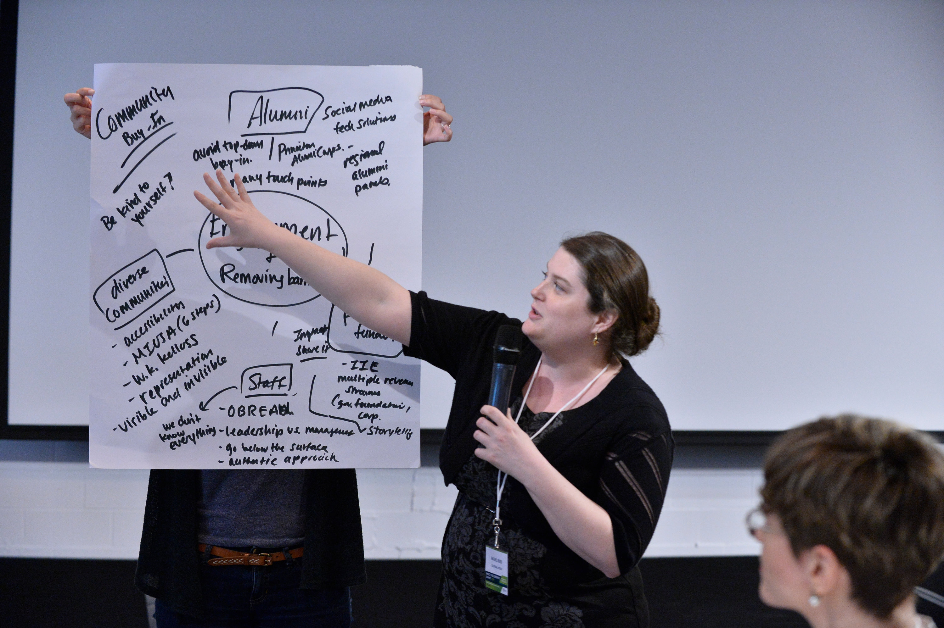 Woman speaking and presenting to a crowd.