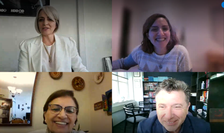Screenshot of panelists: Silvio Waisbord, Estela Aurora Roeder Carbo, Adriana Amado and Laura Agosta