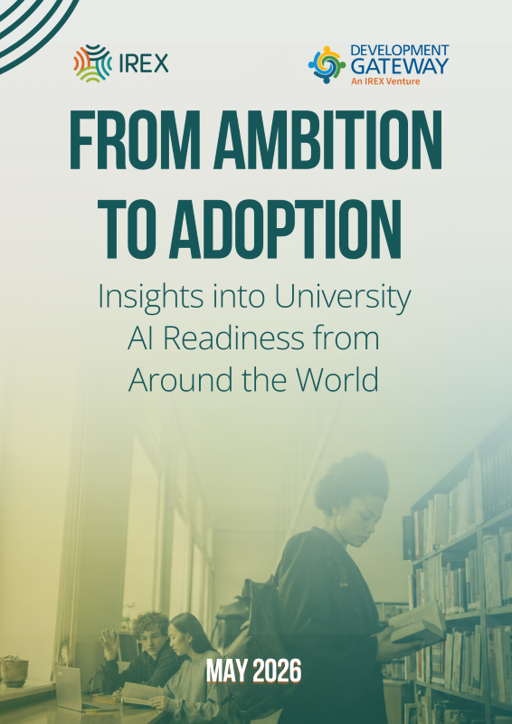 Cover page of a report titled "From Ambition to Adoption: Insights into University AI Readiness from Around the World," Background shows a faded photo of students studying in a library 