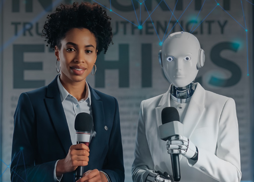 AI-generated photo of journalist and AI bot
