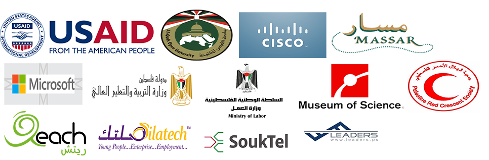 Logos of numerous partner organizations, including USAID, Cisco, Massar, Microsoft, the Palestine Red Crescent Society, and SoukTel.