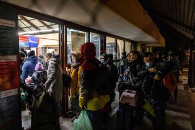 People entering travel office in Ukraine