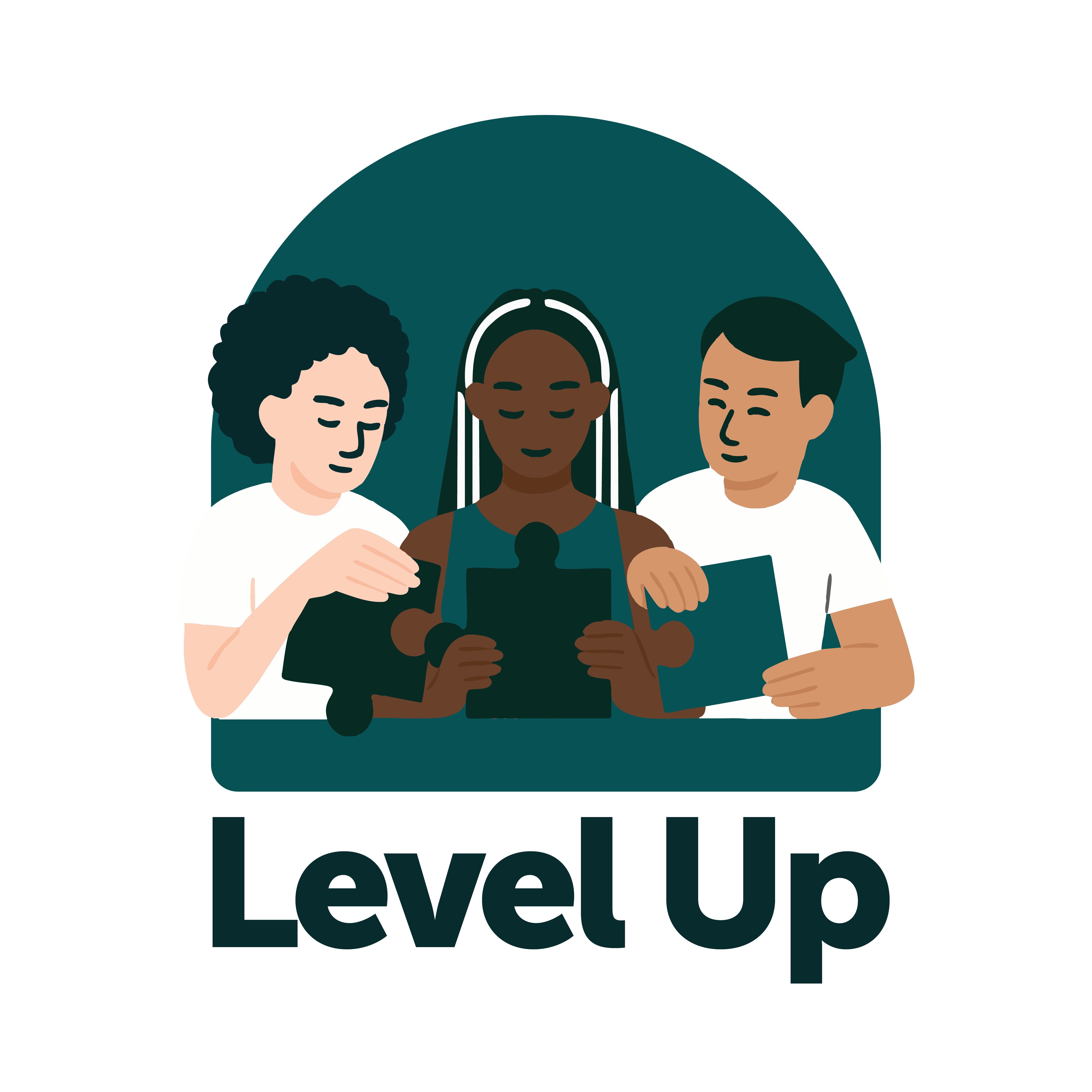 Graphic of "Level Up" with three people holding puzzle pieces.