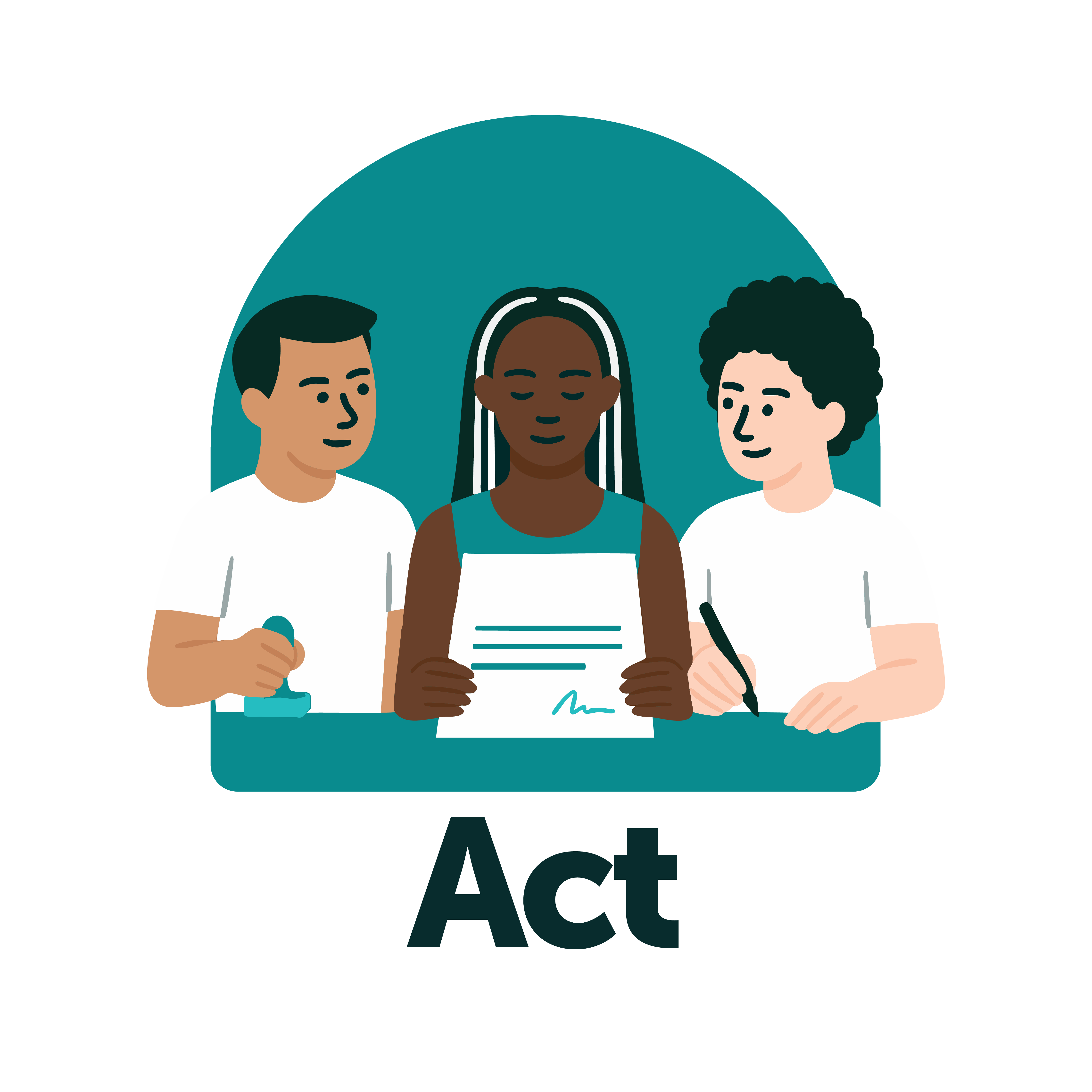 Graphic of "Act" with three people reviewing documents