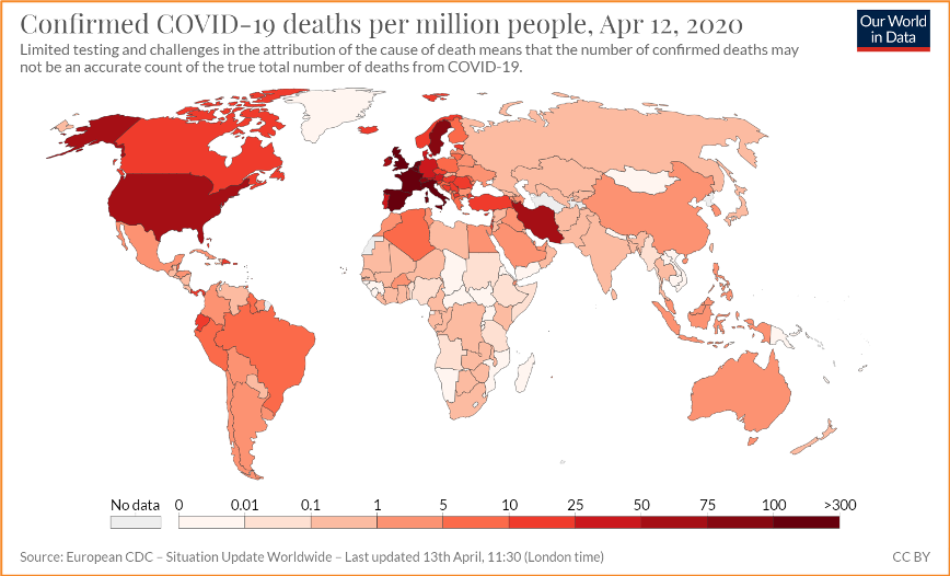 World map that shows number of COVID-19 cases per million people with darker colors representing more cases and lighter colors representing fewer