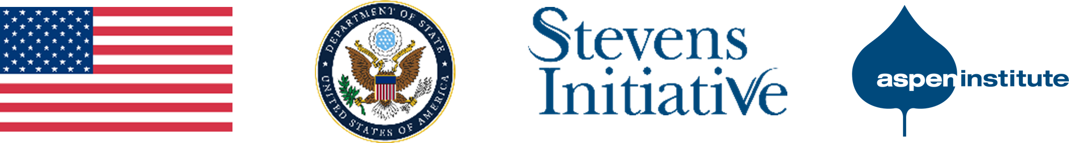 US flag, Department of State logo, Stevens Initiative logo, Aspen Institute logo
