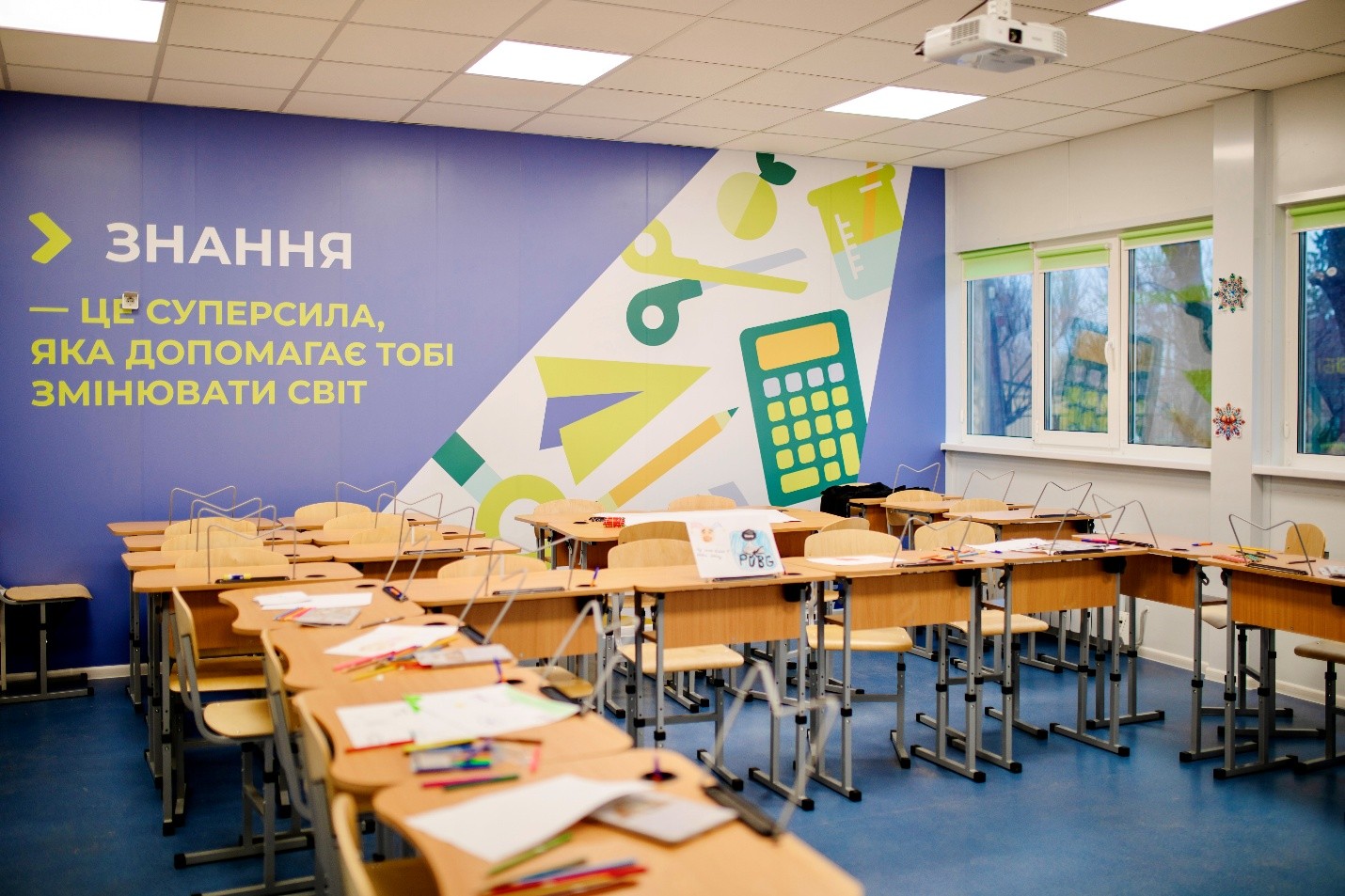 An empty classroom inside the new pop-up school