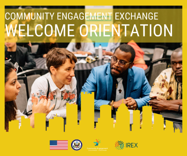 Photo of young leaders sitting around a table. The image has the words Community Engagement Exchange Welcome Orientation.Program 