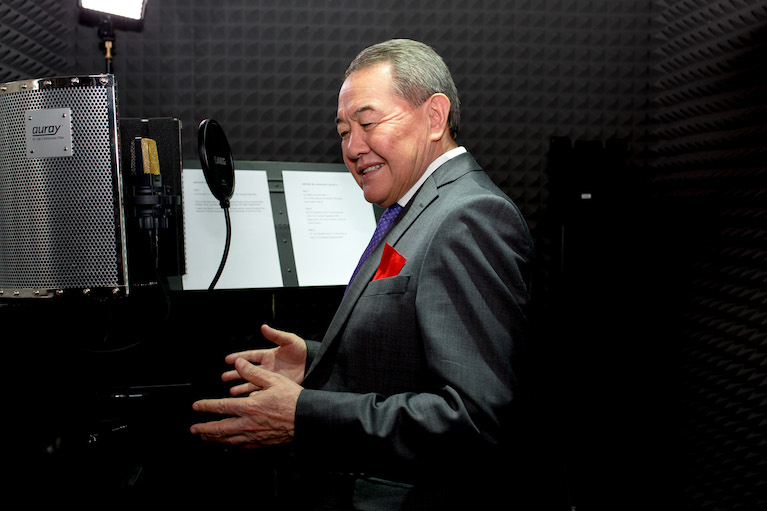 Nazarkul Ishekeev tests the Central Asia Design Hub’s new voice-over dubbing station.