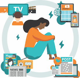 Graphic of woman surrounded by different media types