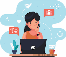 Graphic of woman using computer and thinking