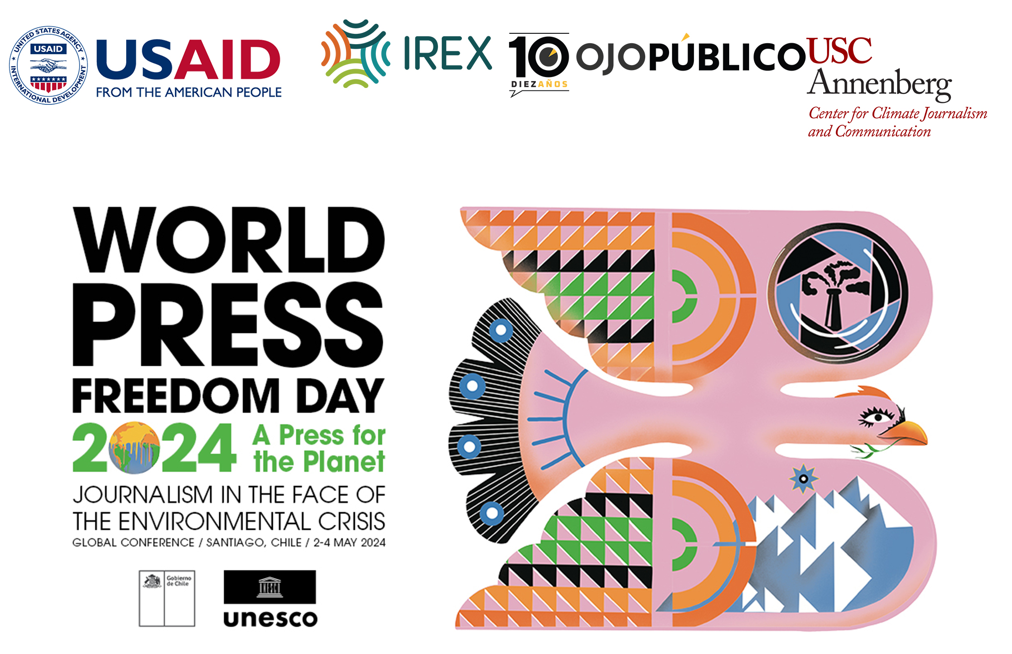 Logos for USAID, IREX,PUBLICO, USC Annenberg  and World Press Freedom Day 2024 