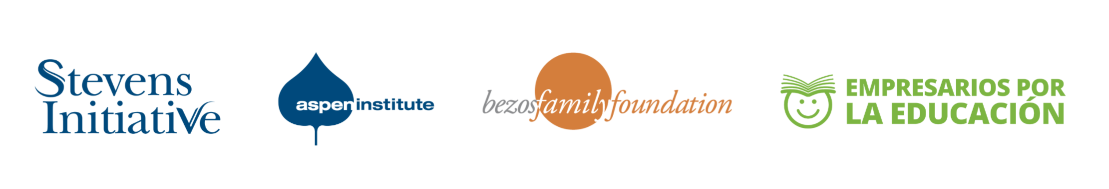 Logos of the Stevens Initiative, Aspen Institute, Bezosfamilyfoundation, and Empresarios por la educacion