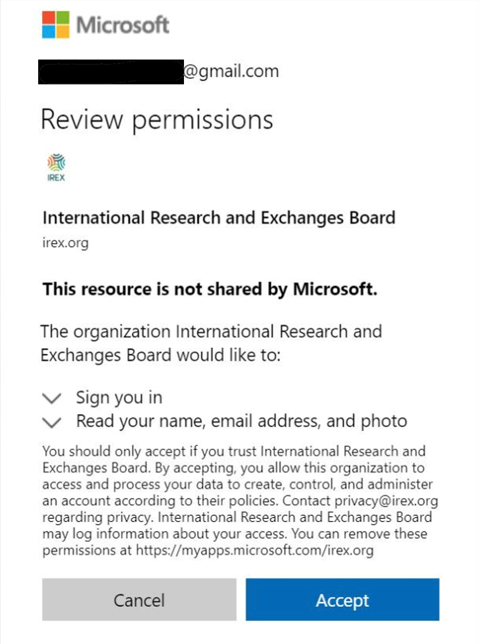 Screenshot of a dialogue box that says Review Permissions with a cancel button and an accept button.