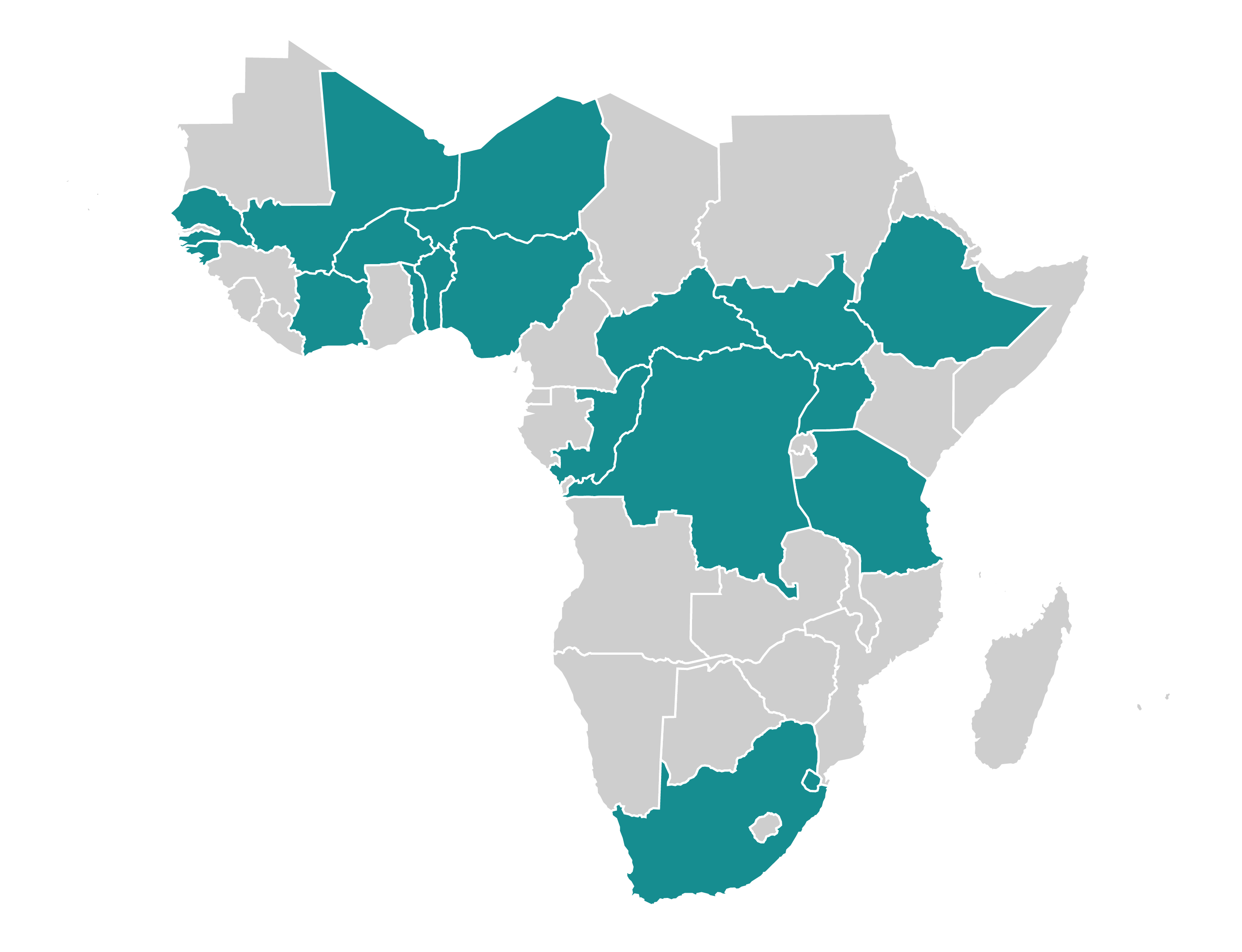 A map of Sub-Saharan Africa, with the following countries highlighted: Benin, Burkina Faso, Cote d'Ivoire, Central African Republic, Democratic Republic of the Congo, Ethiopia, Guinea-Bissau, Mali, Niger, Nigeria, Republic of Congo, Senegal, South Africa, South Sudan, Tanzania, Togo, and Uganda.