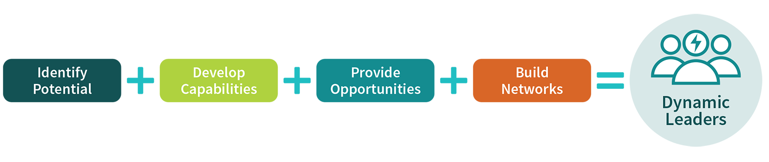 Identify potential plus develop capabilities plus provide opportunities plus build networks equals dynamic leaders