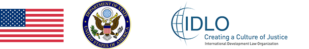 US flag, seal of the US Department of State, and logo of the International Development Law Organization