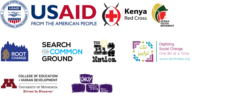 Logos: USAID, Kenya Red Cross Society, Afrika Youth Movement, Root Change, Search for Common Ground, The Biz Nation, Tech Tribes, University of Minnesota Colelge of Education and Human Development, and United Network of Young Peacebuilders.