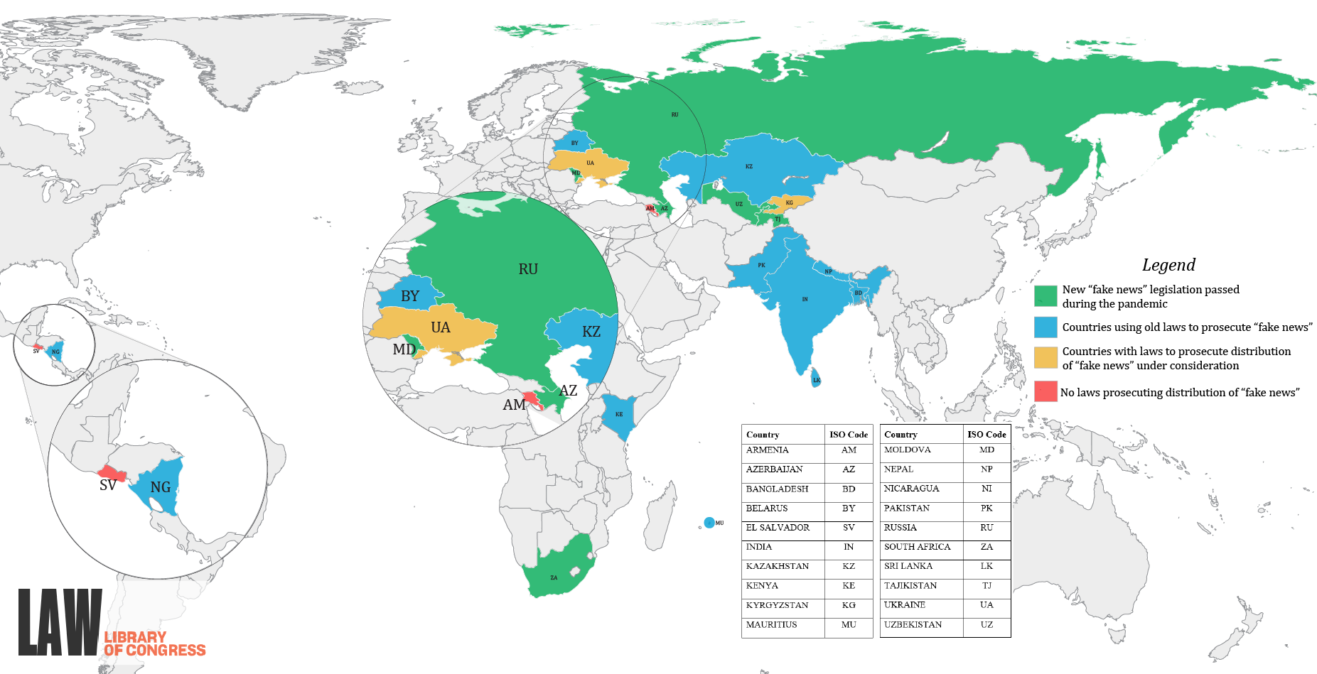 Map of 20 countries with color coding for four categories: (1) New "fake news" legislation passed during the pandemic: Azerbaijan, Moldova, Russia, South Africa, Tajikistan, Uzbekistan, (2) countries using old laws to prosecute "fake news": Bangladesh, Belarus, India, Kazkhstan, Kenya, Mauritius, Nepal, Nicaragua, Pakistan, Sri Lanka, (3) countries with laws to prosecute distribution of "fake news" under consideration: Ukraine, Kyrgyzstan, (4) El Salvador, Armenia.