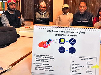 Visitors to a library learn about an automated SMS system