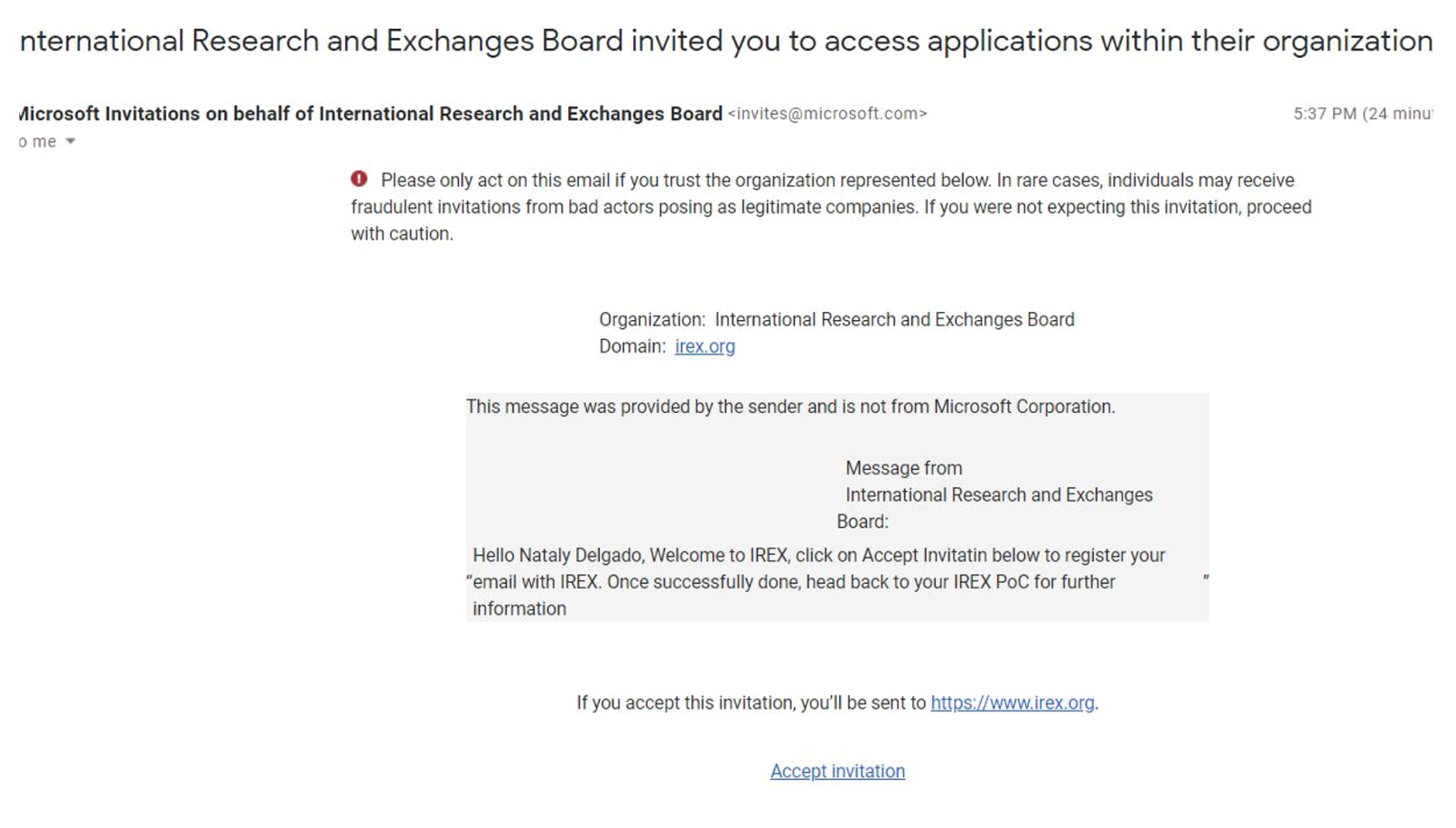 Screenshot of an automated e-mail that includes an Accept Invitation link.