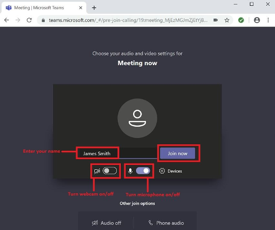 Screenshot that shows a field for entering your name, on/off toggles for your webcam and microphone, and a "Join now" button.