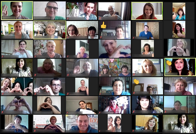 Online video call with 42 people.