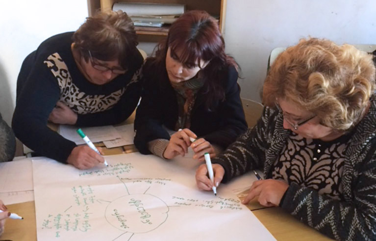 Photo of three teachers doing a mind-mapping exercise with paper and markers at a table
