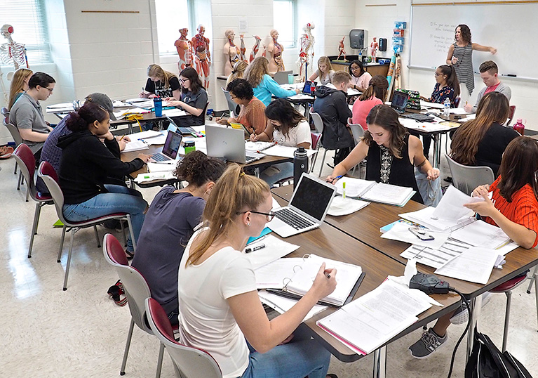 Photo of a teacher and students in a classroom. The teacher is at a whiteboard and the students are working at desks.