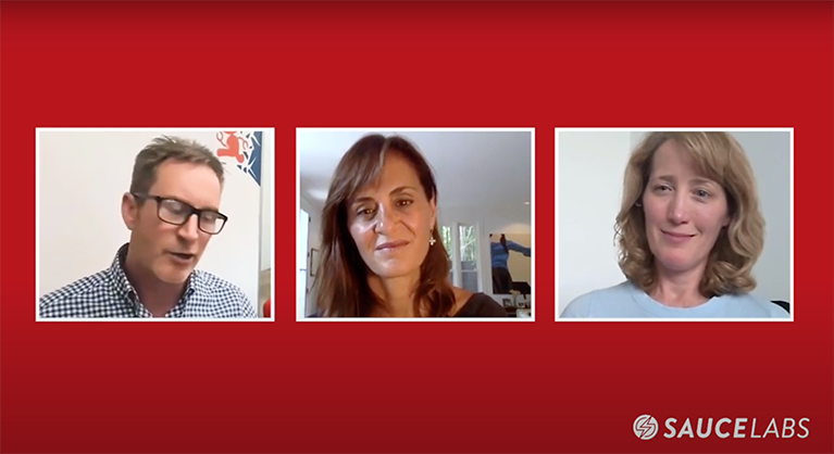 Screenshot of video call with Aled Miles, Niloofar Razi Howe, and Kristin Lord.