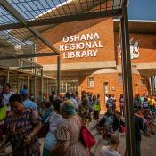 People gathered outside Oshana Library.