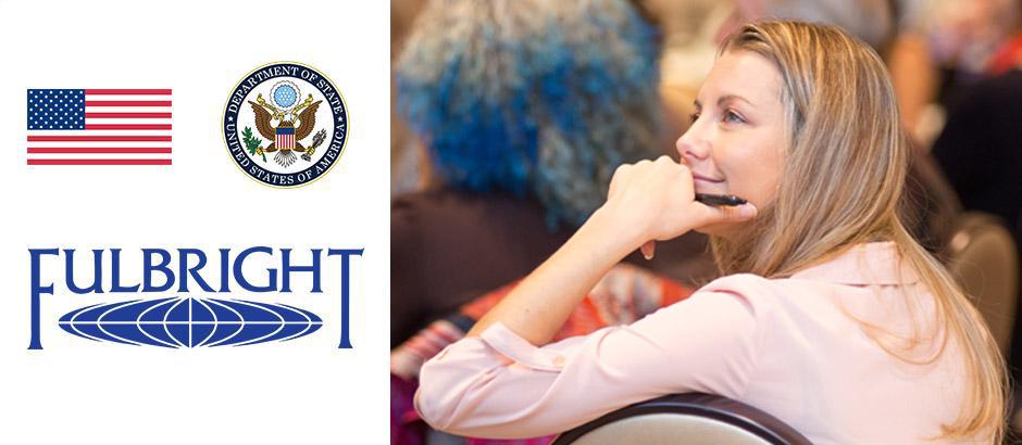 US flag, seal of the US Department of State, Fulbright logo, and photo of a teacher at a conference